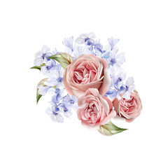 Watercolor wedding bouquet with blue flowers and roses, leaves.
