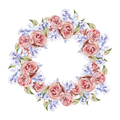 Watercolor wedding wreath with blue flowers and roses, leaves.