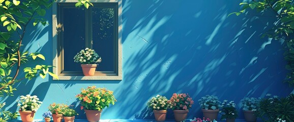 A blue house with plants and potted flowers in front of it, in the style of digital art, illustration painting, tropical colors, vibrant, sunny day, high detail  - obrazy, fototapety, plakaty