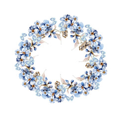 Watercolor wedding wreath with blue flowers and  leaves.