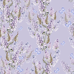 Watercolor seamless pattern with muscari flowers and butterfly. - 785113778
