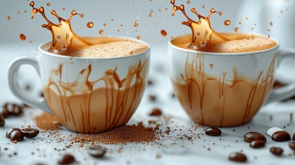 Two cups of cappuccino on a marble tabletop, white background, brown splashes of cappuccino from...