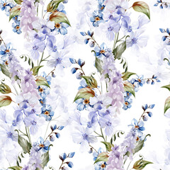 Watercolor seamless pattern with muscari flowers and butterfly.