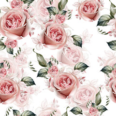 Watercolor pattern with the different roses flowers. Illustration