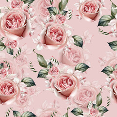 Watercolor pattern with the different roses flowers. Illustration