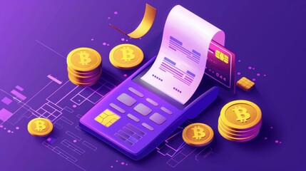 Credit card, paper check or receipt and golden coins isolated on ultraviolet background, landing page for mobile application.