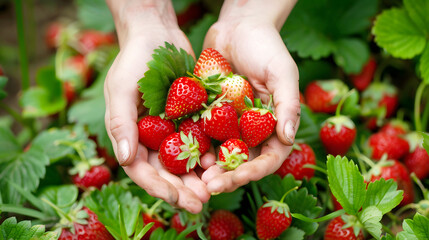 Fresh strawberries. Hands with ripe delicious strawberries
