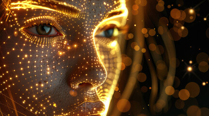 Woman face model looking at the camera made of weaving patterns of lines and dots of gold light on black background. closeup view. Generative AI.