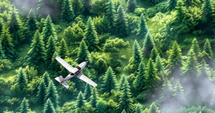 Chill loop animation collage. Airplane flies over the green forest