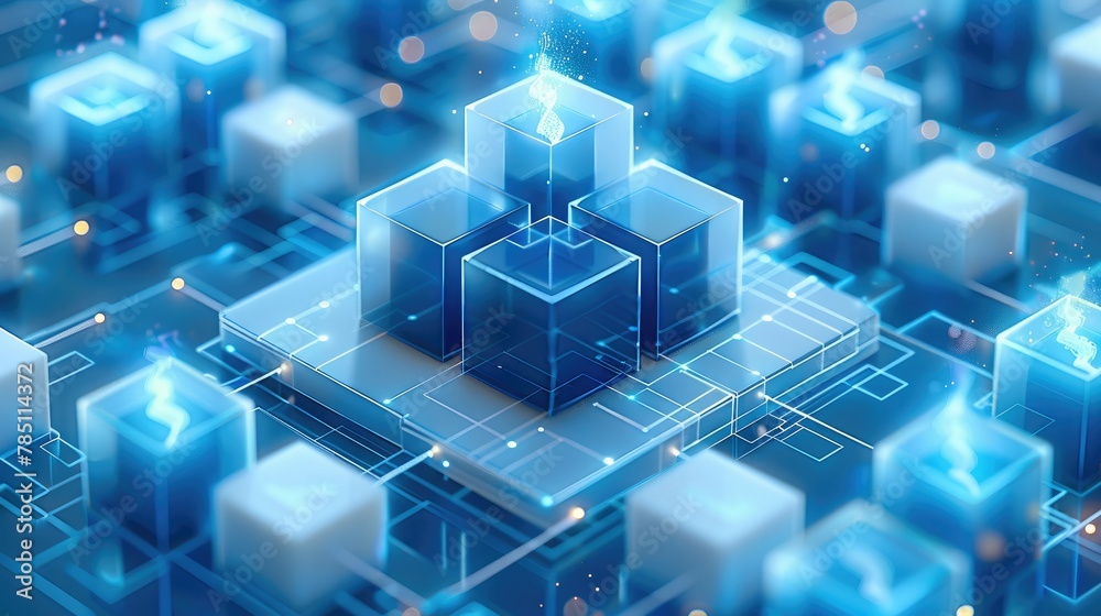 Poster 3D scenes, A blue and white icon with square boxes on the platform, connected by lines to form a Enterprise zone, contains some roads, A cube is placed in front of it. Generative AI.