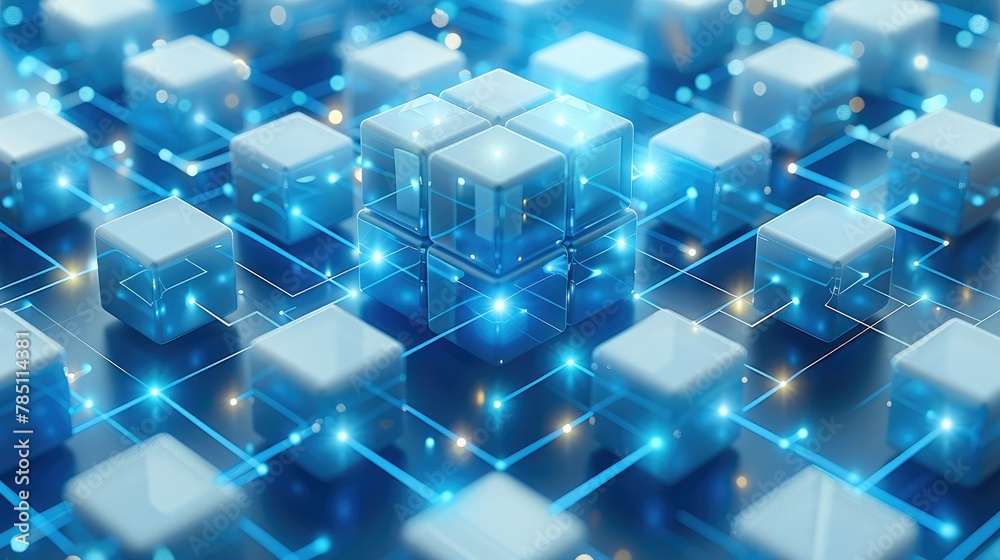 Poster 3D scenes, A blue and white icon with square boxes on the platform, connected by lines to form a Enterprise zone, contains some roads, A cube is placed in front of it. Generative AI.