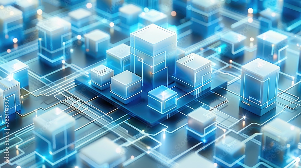 Poster 3d scenes, a blue and white icon with square boxes on the platform, connected by lines to form a ent