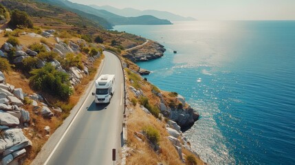 motorhome rides along the road along the coast of the sea in summer , top view