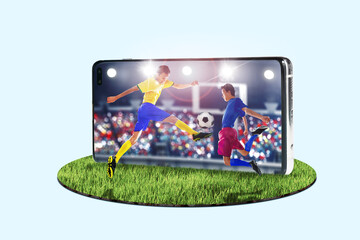 Men kicking soccer ball on mobile phone screen