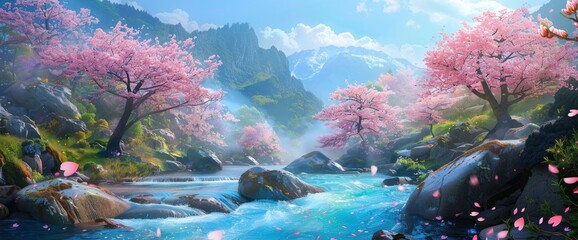 A blue river with rocks and cherry blossoms, in the fantasy art style, in the background there is green vegetation and trees, a blue sky with white clouds - obrazy, fototapety, plakaty