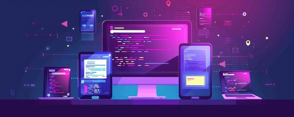 Synchronized devices with coding interface on a vibrant purple background. Technology and development concept - obrazy, fototapety, plakaty