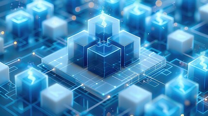 3D scenes, A blue and white icon with square boxes on the platform, connected by lines to form a Enterprise zone, contains some roads, A cube is placed in front of it. Generative AI.