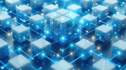 3D scenes, A blue and white icon with square boxes on the platform, connected by lines to form a Enterprise zone, contains some roads, A cube is placed in front of it. Generative AI.