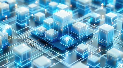 Obraz premium 3D scenes, A blue and white icon with square boxes on the platform, connected by lines to form a Enterprise zone, contains some roads, A cube is placed in front of it. Generative AI.