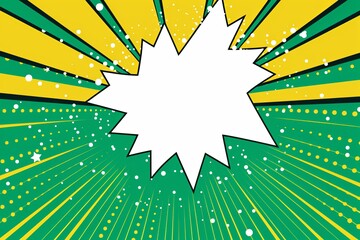 Green background with a white blank space in the middle depicting a cartoon explosion with yellow rays and stars