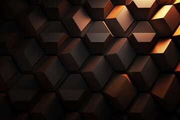 Brown dark 3d render background with hexagon pattern - obrazy, fototapety, plakaty