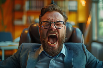 A man with a beard and glasses is shown in high emotion, visibly upset and screaming loudly. He appears to be experiencing a nervous breakdown or intense anger - obrazy, fototapety, plakaty