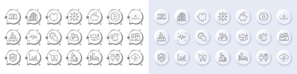 Change money, Voice wave and Bitcoin line icons. White pin 3d buttons, chat bubbles icons. Pack of Computer cables, Fishing, Online storage icon. Vector