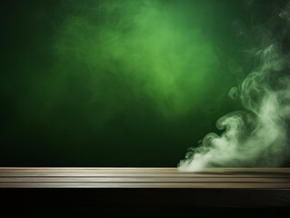 green background with a wooden table and smoke. Space for product presentation, studio shot, photorealistic