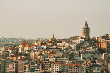 Fototapeta na wymiar Istanbul, Turkey. Cityscape with Galata Tower and Beyoglu, or Pera district in Istanbul in a beautiful summer day. Tourism or architecture history concept