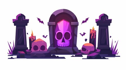 Cartoon illustration of a cemetery symbol and ossuary or crypt. Ossuary or crypt for burial of the deceased, halloween illustration. - obrazy, fototapety, plakaty