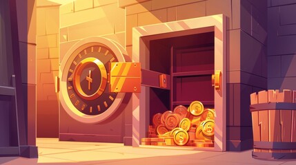 Modern cartoon illustration of a bank vault with an open safe door. This bank vault contains gold ingots that have been kept safely.