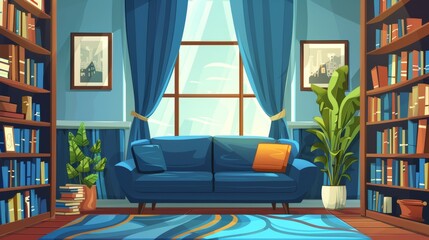 In the living area there are sofas, shelves, and plants. This is a modern cartoon illustration of a modern lounge with blue curtains, carpet, and a picture on the wall.