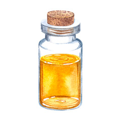 A miniature bottle made of clear glass with a wooden stopper containing gold colored liquid. Hand drawn watercolor illustration of a vial isolated on the background. For cosmetic packaging design.