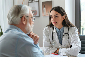 Female doctor discussing health with elderly male patient.