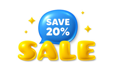 Sale text 3d banner with chat bubble. Save 20 percent off tag. Sale Discount offer price sign. Special offer symbol. Discount chat message. 3d speech bubble offer banner. Sale text balloon. Vector