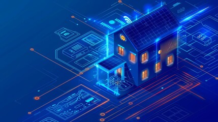 Modern landing page of house control system with isometric icon of intelligent station with lightning on blue background. Internet of things technology concept. - obrazy, fototapety, plakaty