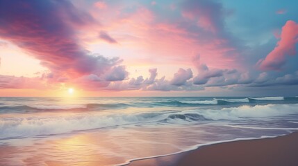 Coastal sunrise First light paints sky and sea with pastel hues, casting a serene and ethereal glow over the tranquil shoreline.
