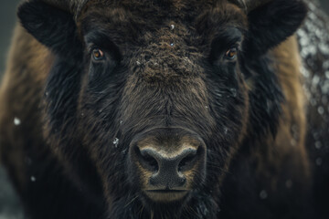Close-up portrait of a musk ox with a lush coat under the snow and cold of the polar circle Alaska