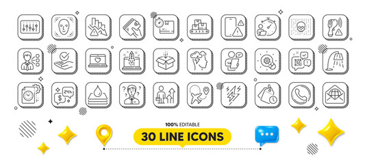Third party, Waterproof and Approved line icons pack. 3d design elements. Cardboard box, Web love, Electronic thermometer web icon. Call center, Airplane, Web mail pictogram. Vector