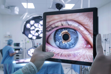 Healthcare worker using a tablet to display an eye during a surgical procedure.