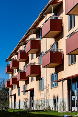 Stockholm, Sweden Apartment balconies on the facade of a residential house in the Minneberg district.