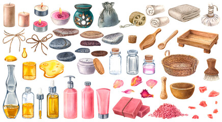 Hand drawn watercolor illustration of candles, basket, glass bottles, thai herbal ball, tray, spoon, scoop, bowl, salt, towels, loofah, aroma lamp, pouch, pebbles, rose petals on isolated background.