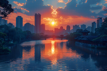 sunset over the river,
Chengdu Taiguli Sunset