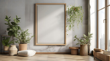 Mockup image of wall art with focusing on a serene plant-based theme and natural wood frame.