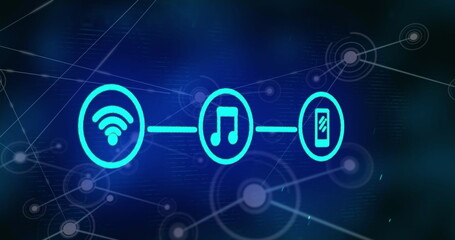 Image of wifi, music and phone icons forming flow chart over connected dots
