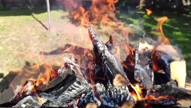 Barbeque fire slow motion video background. Fire footage