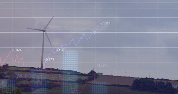 Fototapeta Image of multiple graphs with changing numbers over windmill on green field against sky
