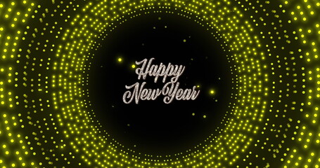 Image of happy new year text over glowing yellow circles on black background