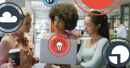 Image of digital icons over diverse business people in office