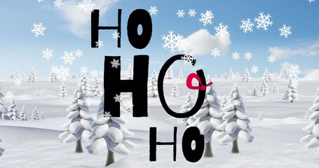 Image of snowflakes falling over ho ho ho text banner and house icon on winter landscape